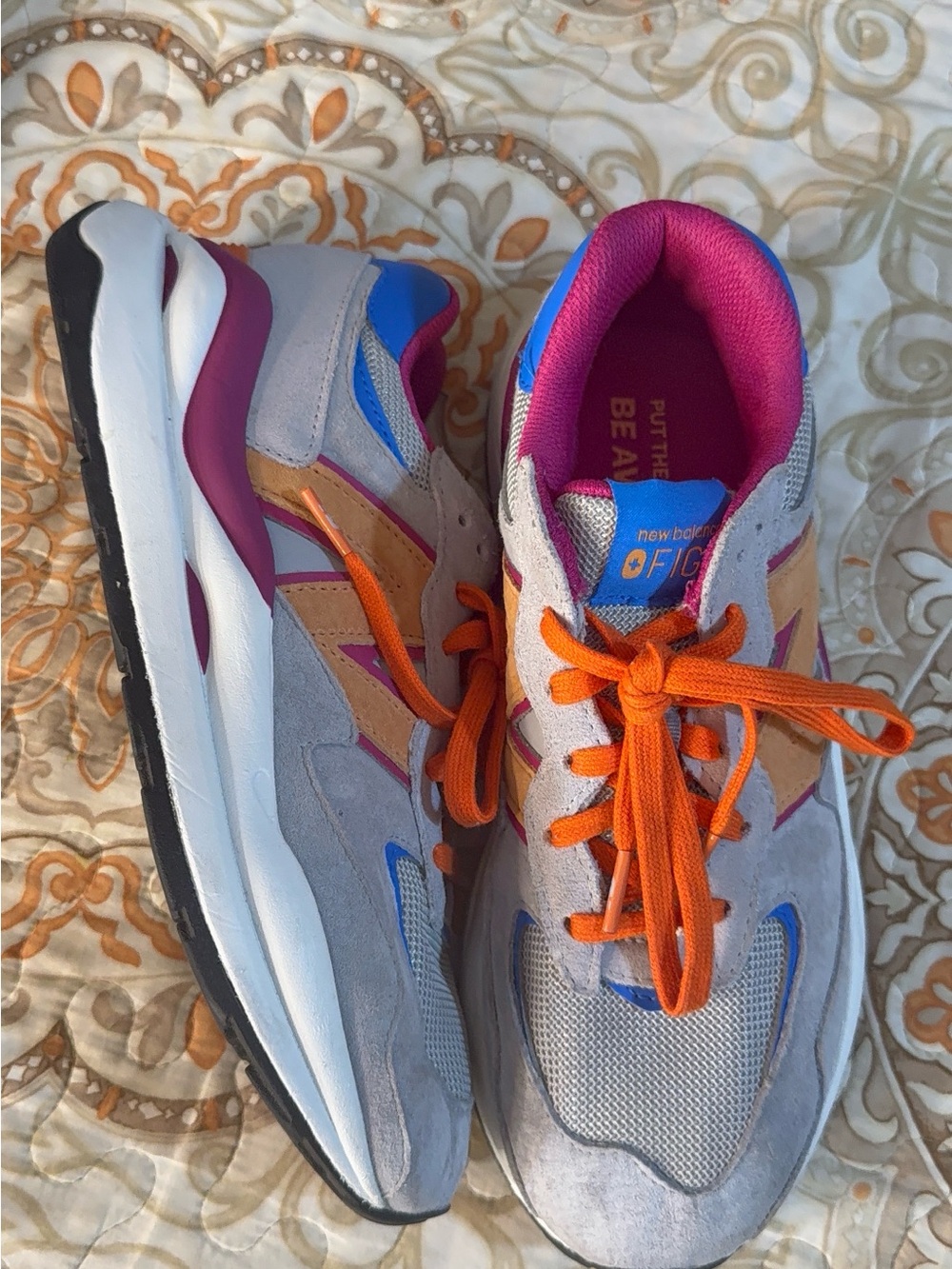 FIGS New Balance Gray Suede Sneakers with Orange Laces & Pink Blue Accents